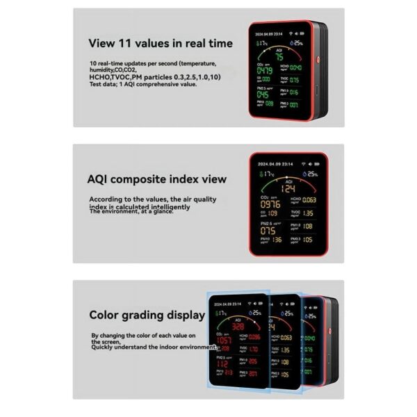 15-In-1 Tuya WIFI Rechargeable Household Digital Air Quality Detector CO2/CO/TVOC/HCHO/PM2.5/Temp/Humi for Smart Home A