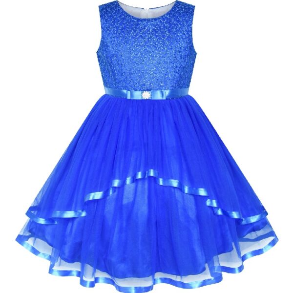 Flower Girls Dress Blue Belted Wedding Party Bridesmaid 12
