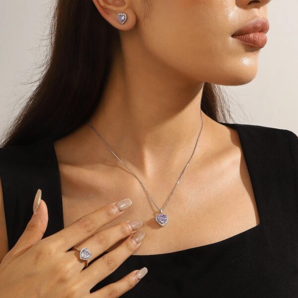 Women Heart Jewelry Set Necklace Earrings Ring 925 Sterling Silver February Birthstone Amethyst Wife Mother Birthday Valentine's Day Gift
