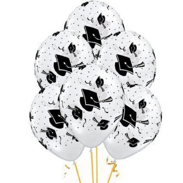 PMU Graduation Balloons 11 Inch PartyTex Premium Emerald Green with All-Over Print White Grad Caps-Confetti and Streamers Pkg/100