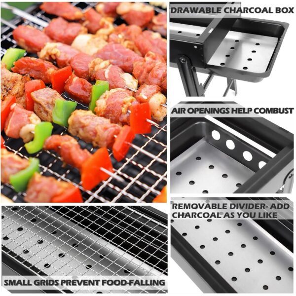 Barbecue Charcoal Grill for Camping, 24 in Mini Grill Stainless Steel Foldable Portable Grill, BBQ Tool Kit for Outdoor Camping Cooking Gear Picnics Beach Home Backyard Party BBQ Beginner