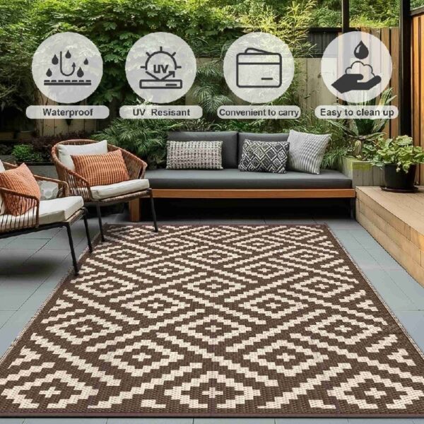 6'x 9' Outdoor Rug Plastic Waterproof Outside Foldable Mat UV Resistant Patio RV Deck Carpet,Black Brown