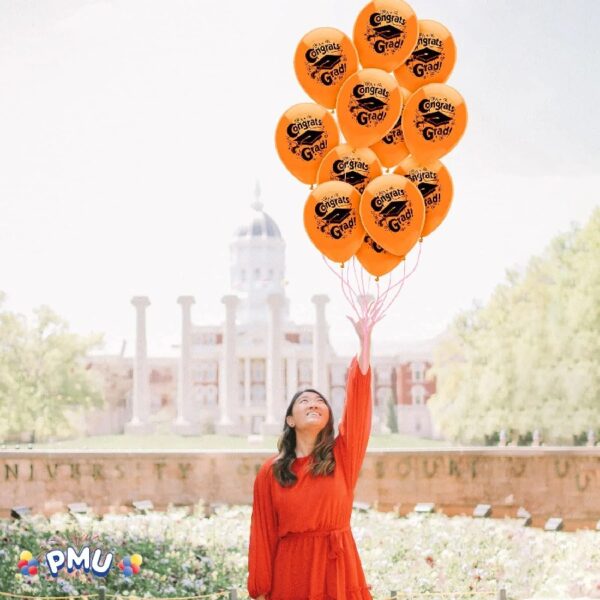 PMU Graduation Balloons 11 Inch PartyTex Premium Emerald Green with All-Over Print White Grad Caps-Confetti and Streamers Pkg/100