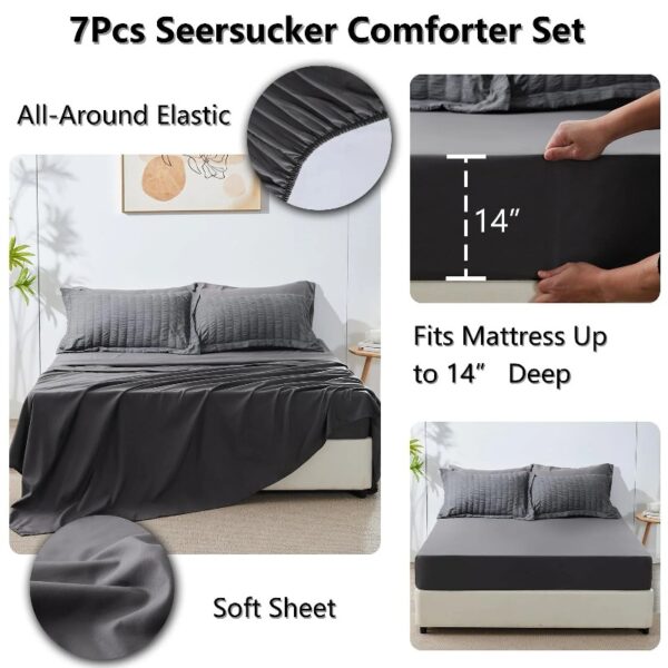 Queen Seersucker Comforter Set with Sheets Dark Grey Bed in a Bag 7-Pieces All Season Bedding Sets with Comforter, Pillow Sham, Flat Sheet, Fitted Sheet, Pillowcase