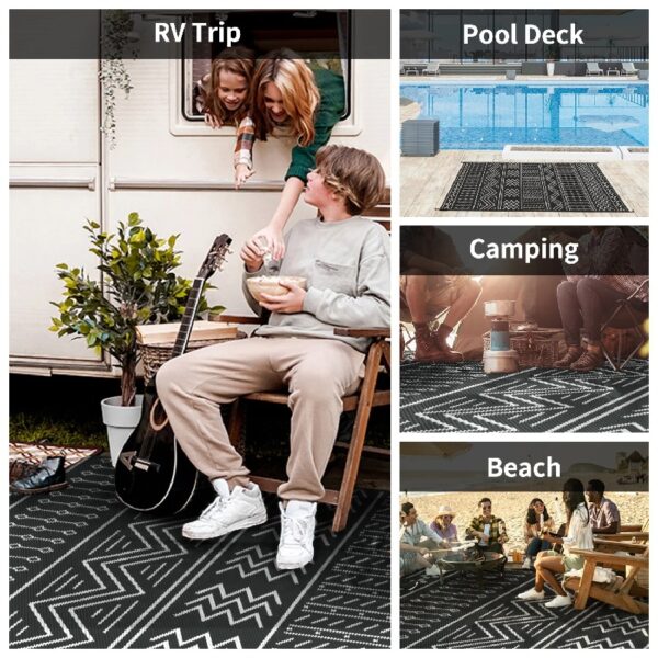 Outdoor Rug 6'x9' Waterproof Patio Rug Reversible Indoor Outdoor Rug Lightweight Plastic Straw Rug for RV Camping Deck Balcony Boho Porch Decor Dark Grey and White