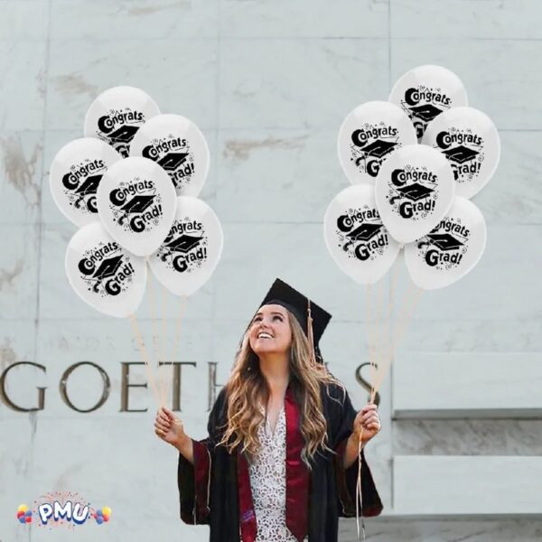 PMU Graduation Balloons 11 Inch PartyTex Premium Emerald Green with All-Over Print White Grad Caps-Confetti and Streamers Pkg/100