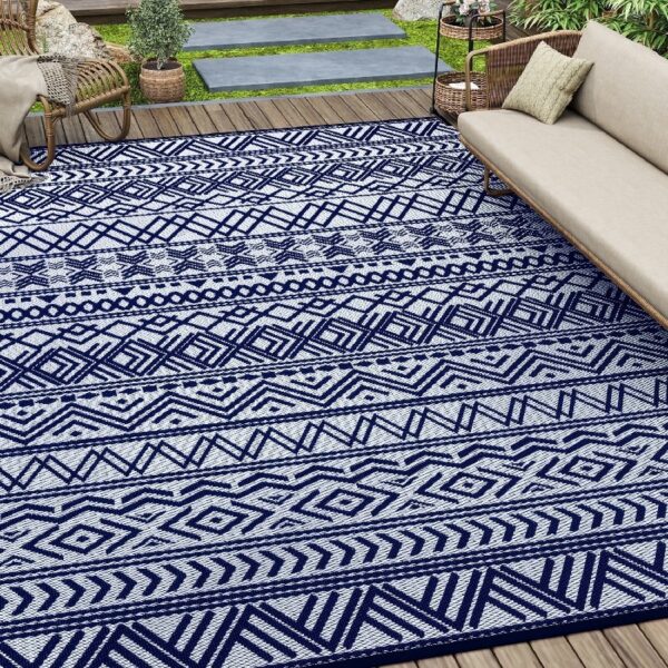 Outdoor Rug 6'x9' Waterproof Reversible Patio Rug Boho Geometric Indoor Outdoor Rugs Lightweight Plastic Straw Ourdoor Carpet for RV Camping Deck Balcony Modern Porch Decor Black and White