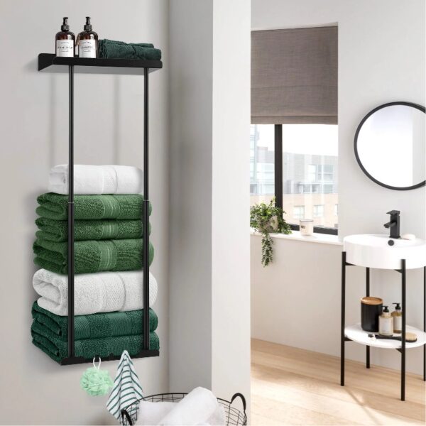 Livhil Wall Towel Rack for Rolled Towels, New Upgrade Towel Racks for Bathroom Wall Mounted, Bathroom Bar Towel Storage, Metal Bath Towel Holder for Folded Large Towel Washcloths, Black