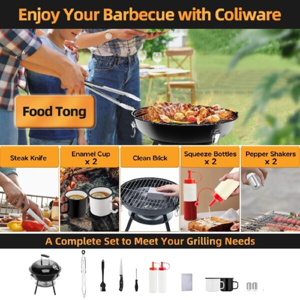 14 inch Portable Charcoal Grill, Lightweight Enamel Coated Coal Kettle Smoker with 3-Point Locking Lid 2 Grilling Racks Dual Venting System, Tabletop Barbecue Oven for Outdoo