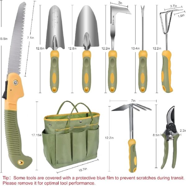 Garden Tool Set, 9 Piece Stainless Steel Rust-Proof Heavy Duty Gardening Tools with Non-Slip Rubber Handle, Durable Garden Tool Bag, Ideal Gardening Gifts for Women and Men