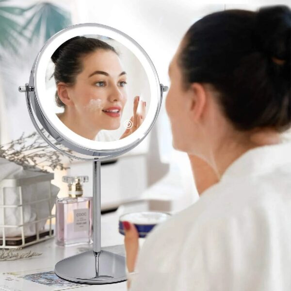 Funtouch Double-Sided Lighted Chrome Makeup Mirror, 10x Magnification, Adjustable Swivel Vanity Mirror
