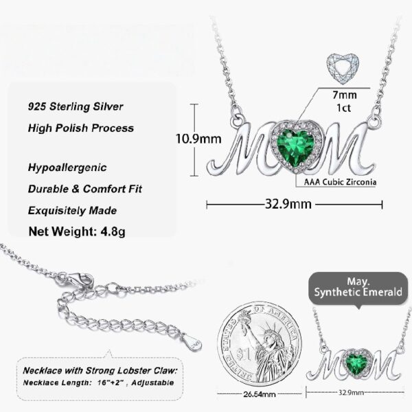 Bestyle S925 Sterling Silver Necklace for Mom Grandma Shiny CZ Heart Pendant Necklace March Created Aquamarine Birthstone Jewelry Mother's Day Gift