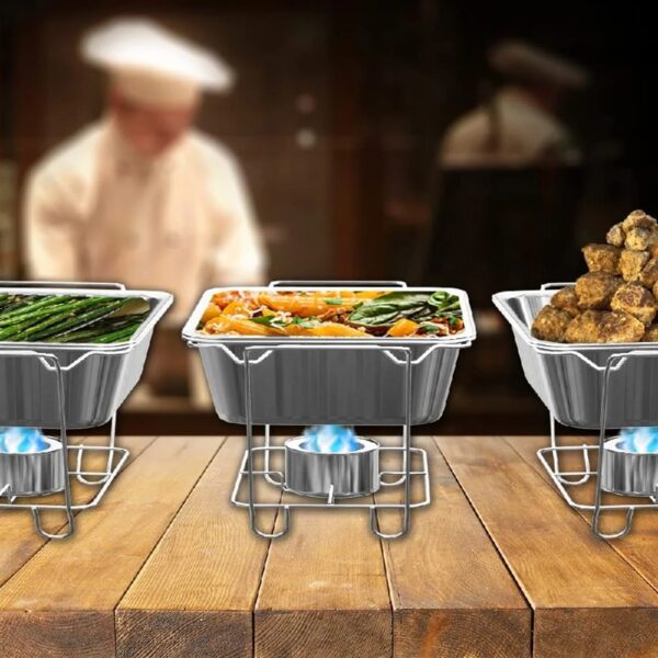 Chafing Dish Buffet Set, Half Size, Disposable Catering Supplies -6 Pack- Food Warmers for Parties: Foldable Wire Racks, Fuel, Aluminum Water Pans, Food Pans, Serving Utensils -Single Pan Food Warmer