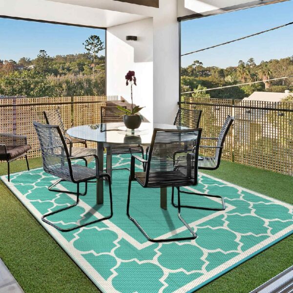 Outdoor Rugs Waterproof Plastic Straw Mat 6'x9' Reversible Patio Deck Beach Blue & White