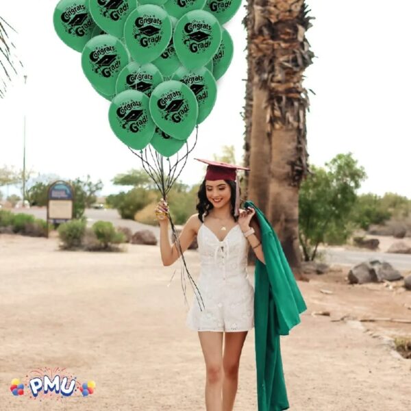 PMU Graduation Balloons 11 Inch PartyTex Premium Emerald Green with All-Over Print White Grad Caps-Confetti and Streamers Pkg/100