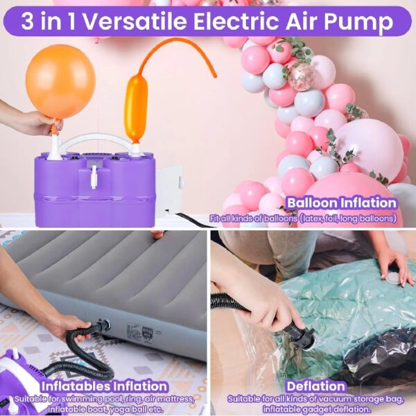 Electric Air Balloon Pump | 3-in-1 Air Pump for Inflatables，Long Animal Twisty Balloon, Foil Balloons, Quick-Fill 110V AC Inflator Deflator Great for Pool Floats Air Mattress Inflatables Purple Color