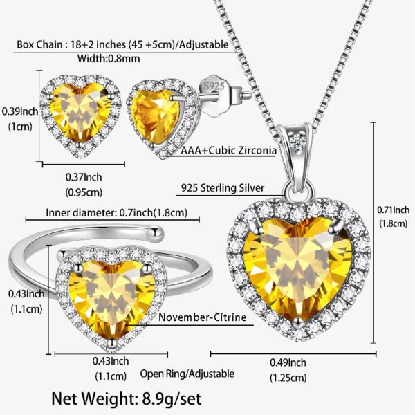 Women Heart Jewelry Set Necklace Earrings Ring 925 Sterling Silver February Birthstone Amethyst Wife Mother Birthday Valentine's Day Gift