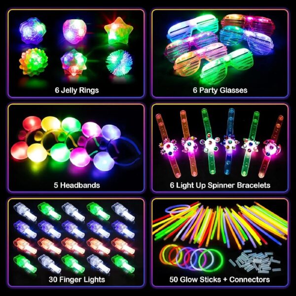 Mocoosy 103Pcs Glow in the Dark Party Supplies Light Up Party Favors LED Neon Toys Bulk for Kids With 50 Glow Sticks, 30 Finger Lights, 6 Led Glasses, 6 Jelly Rings, 6 Light Up Bracelets, 5 Headbands