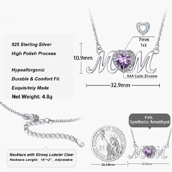 Bestyle S925 Sterling Silver Necklace for Mom Grandma Shiny CZ Heart Pendant Necklace March Created Aquamarine Birthstone Jewelry Mother's Day Gift