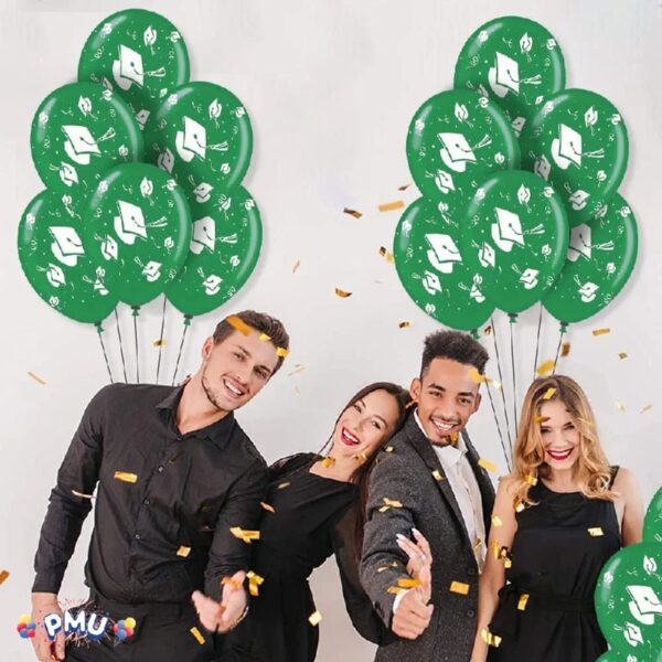 PMU Graduation Balloons 11 Inch PartyTex Premium Emerald Green with All-Over Print White Grad Caps-Confetti and Streamers Pkg/100