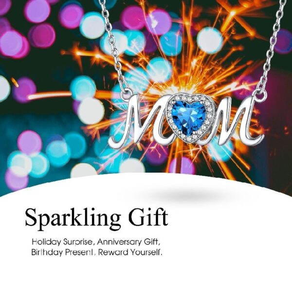 Bestyle S925 Sterling Silver Necklace for Mom Grandma Shiny CZ Heart Pendant Necklace March Created Aquamarine Birthstone Jewelry Mother's Day Gift