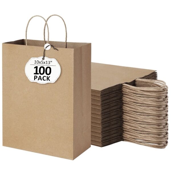 BagDream Brown Paper Gift Bags with Handles Kraft Paper Shopping Bags for Business, Shopping, Grocery, Retail, Birthday Party, Merchandise, 10x5x13, 100 Pack
