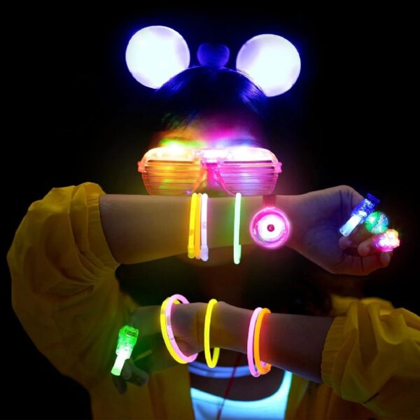Mocoosy 103Pcs Glow in the Dark Party Supplies Light Up Party Favors LED Neon Toys Bulk for Kids With 50 Glow Sticks, 30 Finger Lights, 6 Led Glasses, 6 Jelly Rings, 6 Light Up Bracelets, 5 Headbands