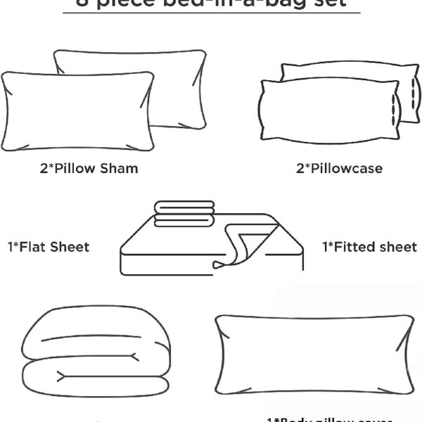 8 PCS Modern Comforter Set with Sheets All Season Bed in a Bag, Black, Queen Size