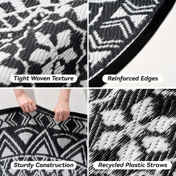Outdoor Rugs 5' x 8' Rug, Waterproof Patio Mat, Stylish Plastic Straw Reversible Area Rug for Picnic RV Camping Porch Balcony, Black and White