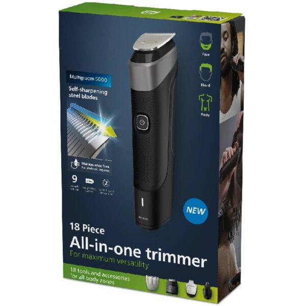 Multigroom Series 5000 18 Piece, Beard Face, Hair, Body and Intimate Hair Trimmer For Men - No Blade Oil MG5900/49