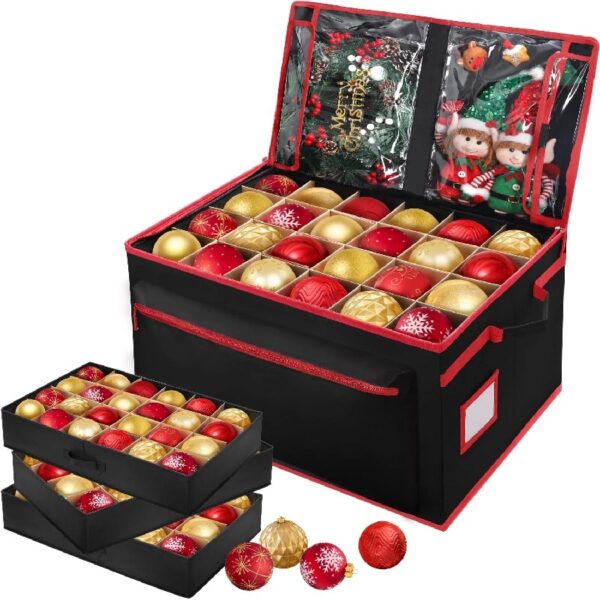 Ayieyill Premium Christmas Ornament Storage Container - Holds Up to 72-4” Ornaments Durable 600D Fabric - Adjustable Dividers - 3 Individual Trays - Red