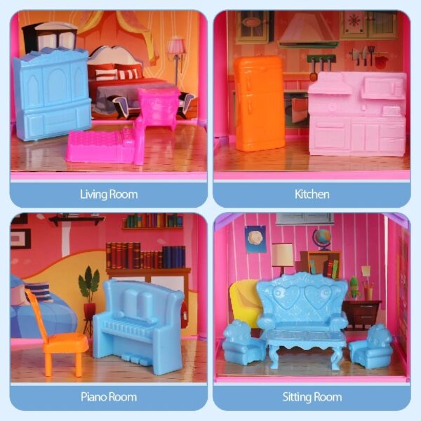 DollHouse with Colorful Light, Pretend Play Toddler Doll House Furniture Sets with 3 Dolls, 9 Rooms DIY , Creative Gift for Girls