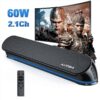 2.1ch Small Sound Bar for TV, 60W Bluetooth Soundbar with Subwoofer, 5 EQ Modes, HDMI ARC/Optical/AUX/USB, Home Theater Surround Sound System, Wall Mountable, Remote Control, 16.5 inch