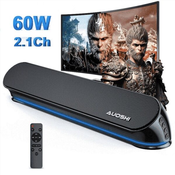 2.1ch Small Sound Bar for TV, 60W Bluetooth Soundbar with Subwoofer, 5 EQ Modes, HDMI ARC/Optical/AUX/USB, Home Theater Surround Sound System, Wall Mountable, Remote Control, 16.5 inch