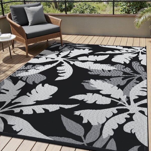 Outdoor Rug Carpet 5'x8' Waterproof Reversible Patio Rug Portable Indoor Outdoor Rug Plastic Straw Rug for Beach RV Camping Garden Picnic Deck Backyard Porch Decor Black