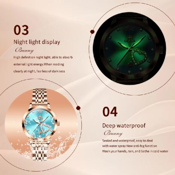 Women Watch Fashion Rose Gold Diamond Analog Quartz Female Watch for Women Luxury Dress Ladies Stainless Steel Luminous Waterproof Date Wrist Watches Green Dial