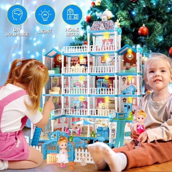 Doll House for Girls, 5-Story 19 Rooms Huge Dollhouse Playset with LED Lights, 2 Dolls, Furnitures, Accessories, DIY Pretend Play House Toys Gifts for Kids, Pink