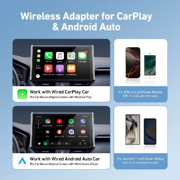 Wireless Carplay Adapter with Glass Panel, Metal Materials Enhance Heat Dissipation, 2 in 1 Apple CarPlay and Android Auto Adapter Convert Wired to Wireless, Plug & Play, Black