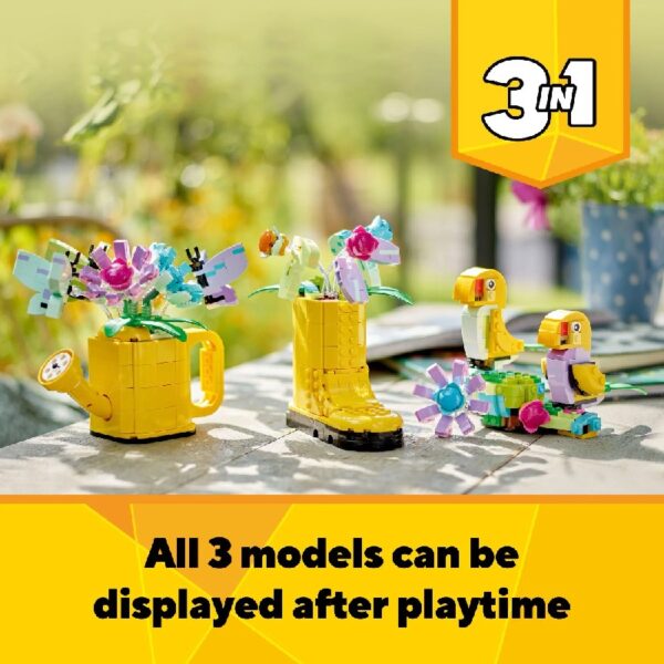 Creator 3 in 1 Flowers in Watering Can Building Toy Set - Fun, Creative Activity for Kids, Girls and Boys, Ages 8+ - Building Options for Rain Boots or Birds - Cute Birthday Gift Idea - 31149