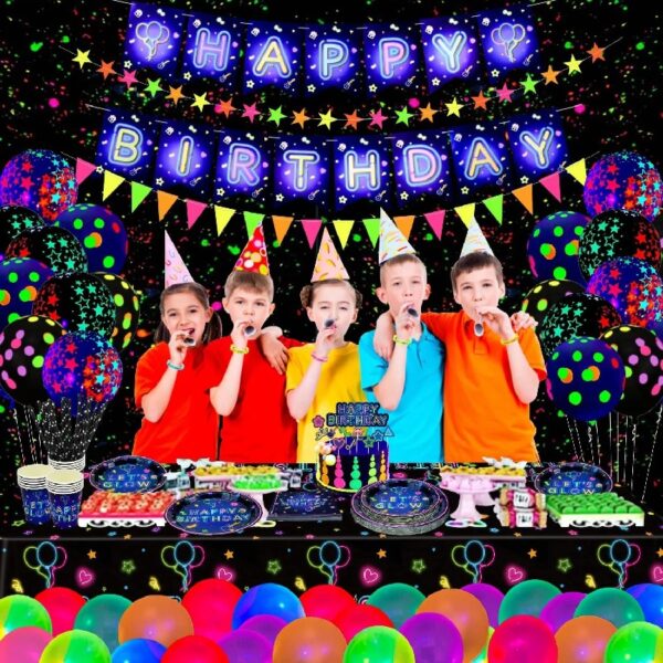 SKYSONIC 241 PCS Glow Neon Party Supplies Set Including Neon Glow Tableware, Neon Balloons, Glow in The Dark Birthday Banner, Hanging Stars, and Cake Toppers for Party Decoration Serving 20 (Glow