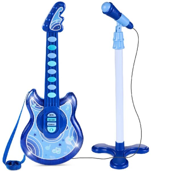 19in Kids Flash Guitar, Pretend Play Musical Instrument Toy for Toddlers w/ Mic, Stand - Navy