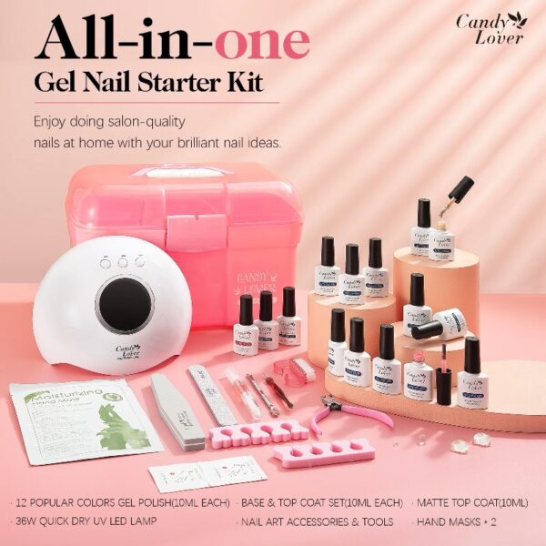 Candy Lover Gel Nail Polish Kit with UV LED Lamp, 12 Colors Cute Lady Gel Polish Starter Kit, All-in-One Quick Dry Soak Off Nail Gel Manicure Kit with DIY Tools Valentine Gift for Women
