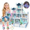 DollHouse with Colorful Light, Pretend Play Toddler Doll House Furniture Sets with 3 Dolls, 9 Rooms DIY , Creative Gift for Girls