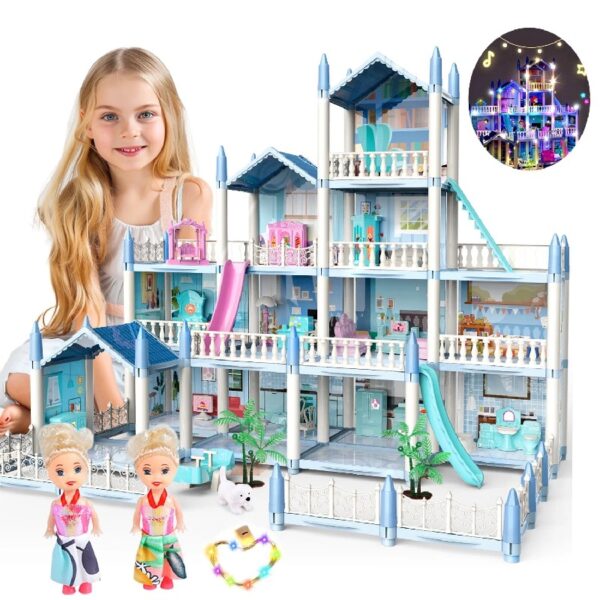 DollHouse with Colorful Light, Pretend Play Toddler Doll House Furniture Sets with 3 Dolls, 9 Rooms DIY , Creative Gift for Girls