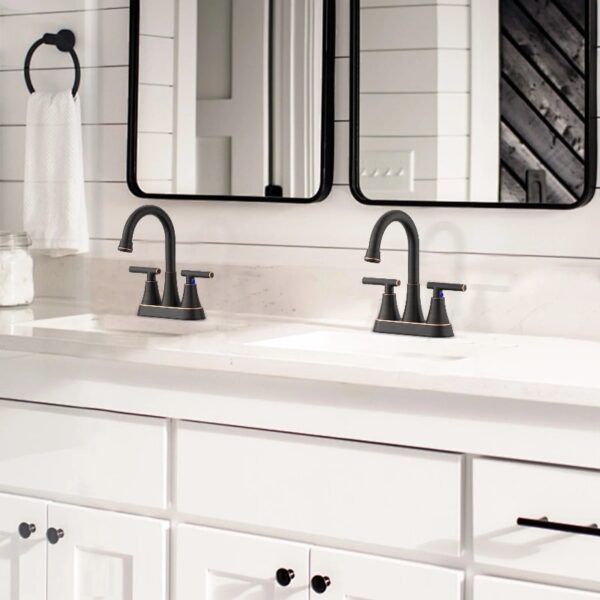 Bathroom Faucets 4 Inch Matte Black Bathroom Sink Faucet, Stainless Steel Lead-Free 2-Handle Centerset Faucet with Pop-up Drain and 2 Supply Hoses Fits 2 or 3-hole Sink