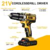 21V Cordless Drill Set, Electric Power Drill 34Pcs with 3/8 Inch Keyless Chuck, 25+3 Clutch Compact Driver Drill with Work Light, Max torque 45Nm, 2-Variable Speed & Battery and Fast Charger
