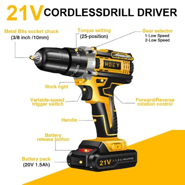 21V Cordless Drill Set, Electric Power Drill 34Pcs with 3/8 Inch Keyless Chuck, 25+3 Clutch Compact Driver Drill with Work Light, Max torque 45Nm, 2-Variable Speed & Battery and Fast Charger