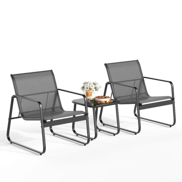 3-Piece Outdoor Bistro Set, Black Metal Frame Glass Top Table and 2 Chairs for Patio, Balcony, Deck - Black