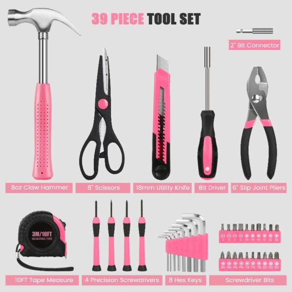 39-Piece Tool Set General Household Hand Kit with Plastic Toolbox Storage Case, Small Basic Home Tool Kit for Girls Ladies and Women - Includes All Essential Tools for Home Garage and Office, Pink