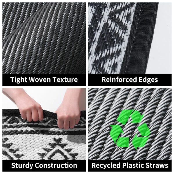 5x8 Feet Waterproof Outdoor Rug - Reversible Black & White Plastic Patio Mat, Non-Slip Durable Moroccan Geometric Design for Camping, RV, Balcony, Porch, Picnic